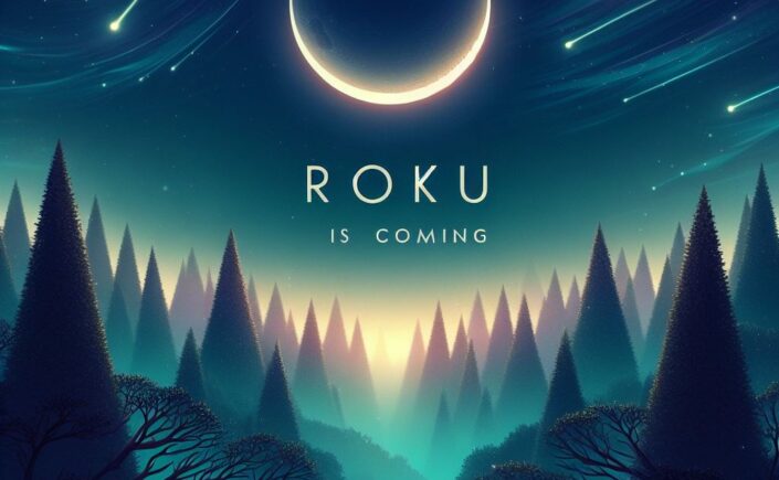 crescent moon with shooting stars and text ROKU is coming